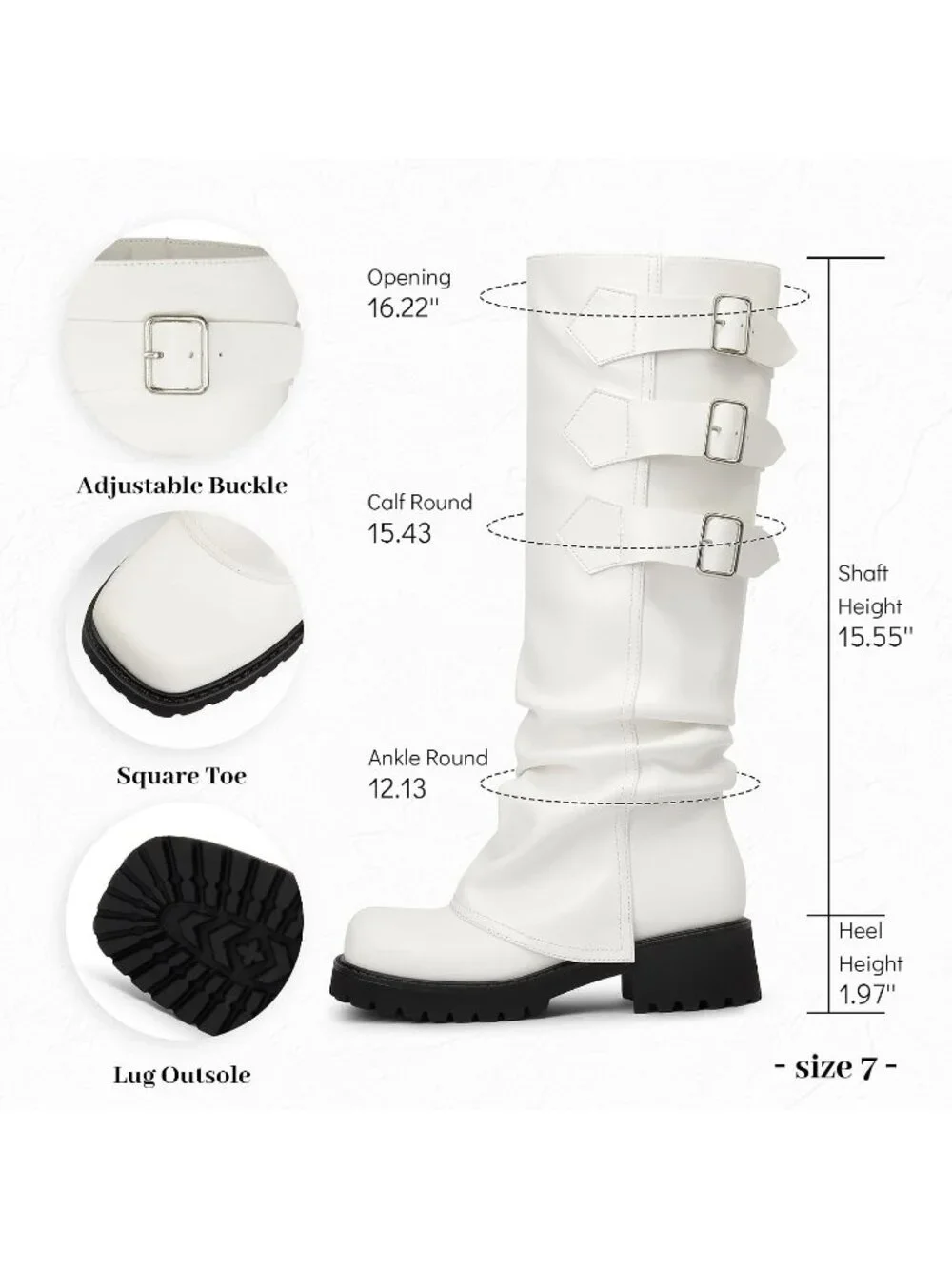 Women's White Block Heeled Square Toe Fold Over Knee High Moto Riding Boots